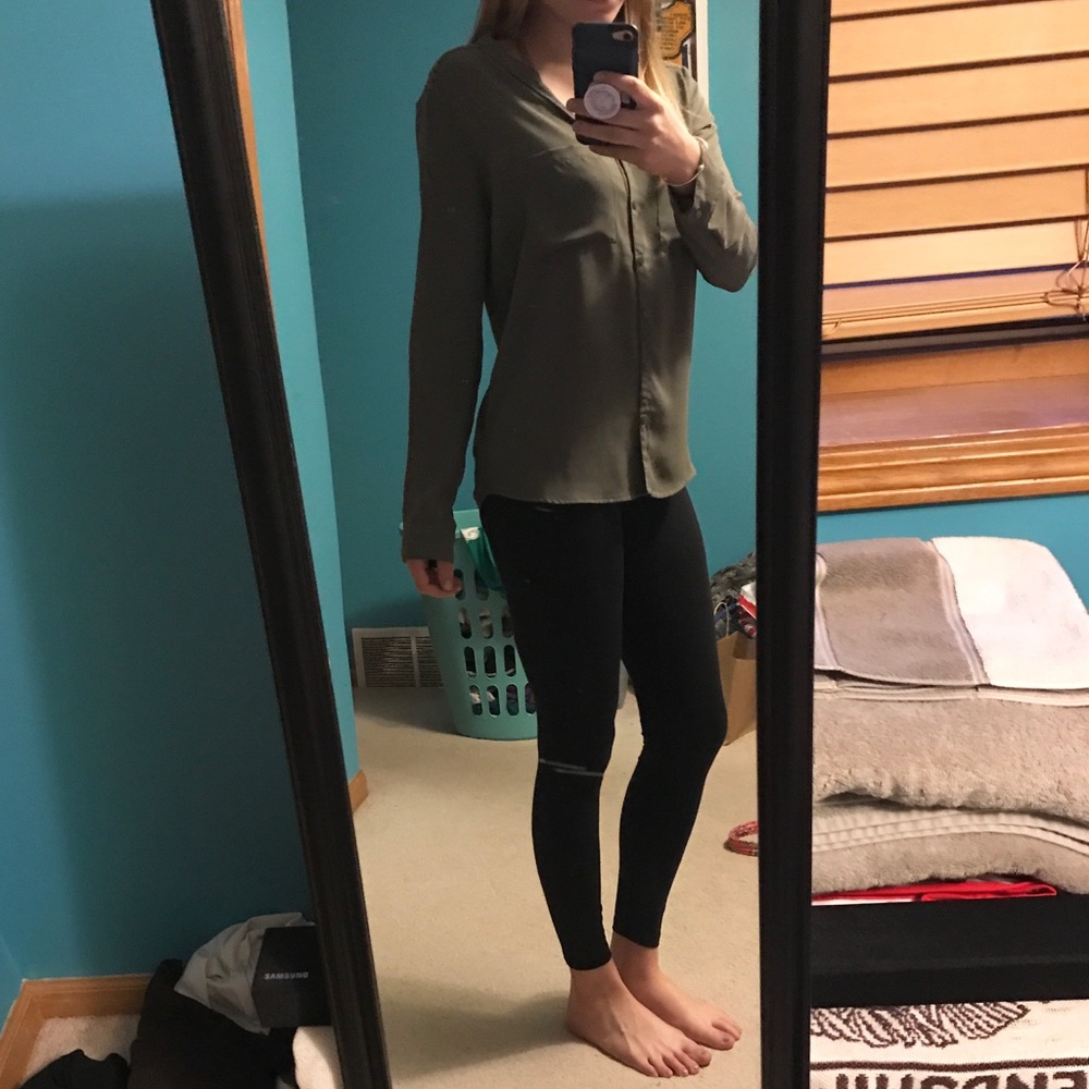 H&M Olive button-down top with lace-back.